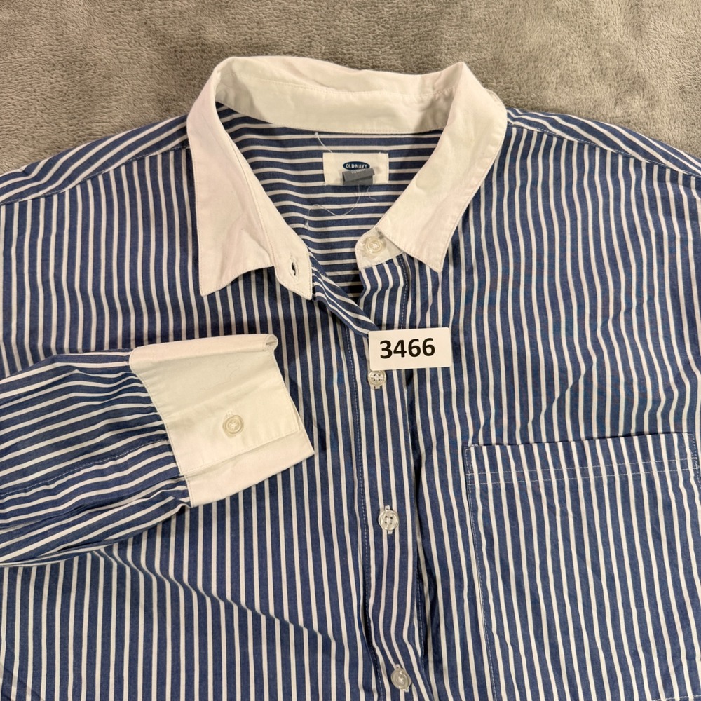 Old Navy Button Down Shirt Mens XL Blue Pinstripe Boyfriend Cotton Long Sleeve